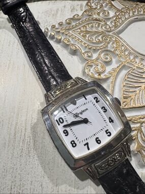 Brighton Silver-Tone Watch with Black Leather Strap and White Dial